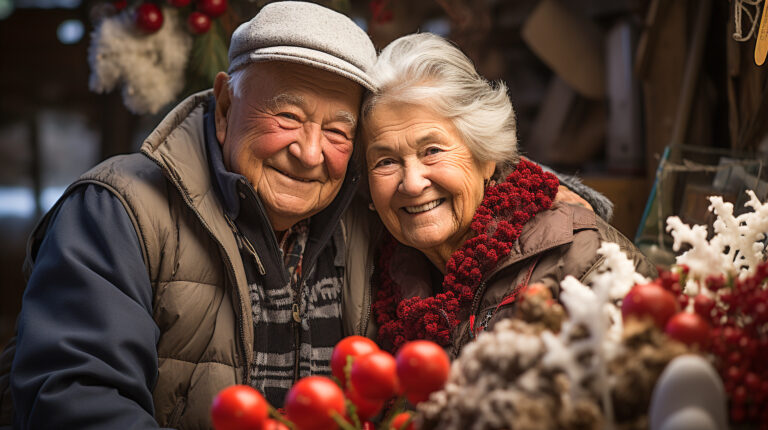 affectionate senior couple outdoor portrait wearing warm clothes